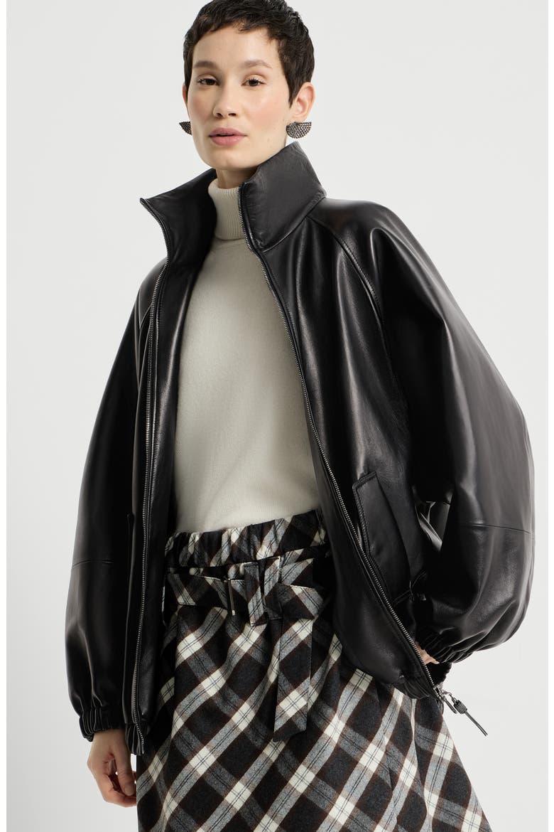 Nappa leather bomber jacket with monili, Alternate, color, Black
