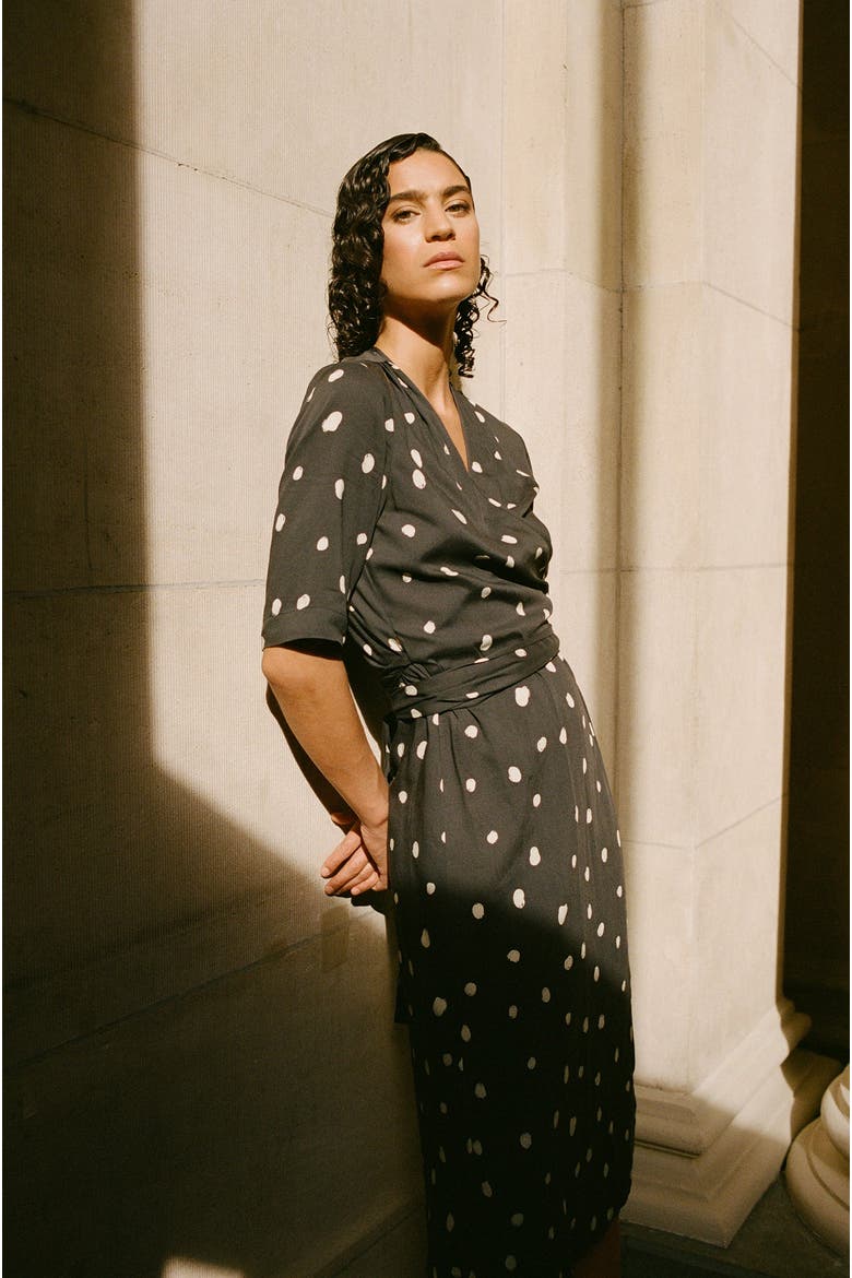 Wrap Dress, Alternate, color, Black with white dot