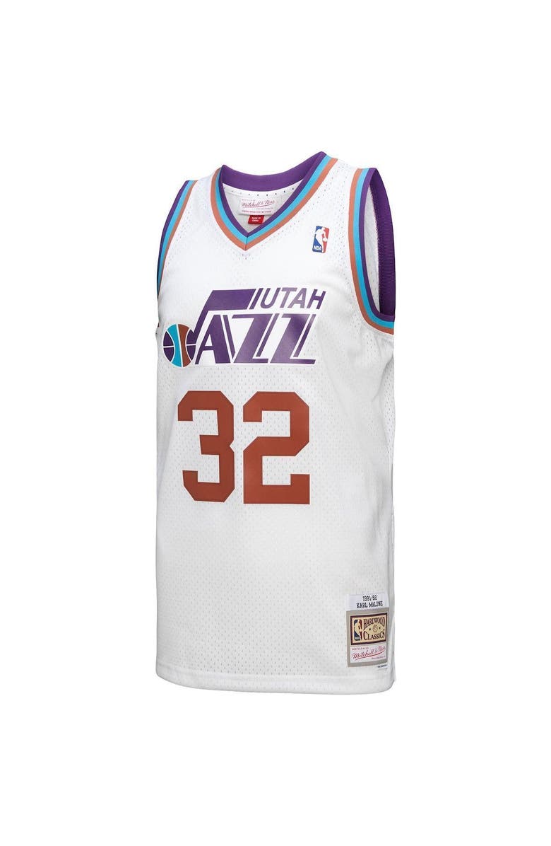 Mitchell & Ness Men's Mitchell & Ness Karl Malone White Utah Jazz 1991/92 Hardwood Classics Reload 3.0 Swingman Jersey, Alternate, color,