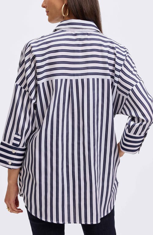 Foxcroft Avery Stripe Tie Waist Tunic Shirt In Blue