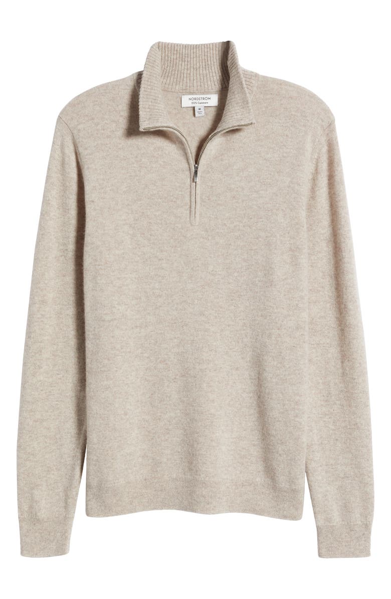 Nordstrom Cashmere Quarter Zip Pullover Sweater, Alternate, color, Tan Oxford Heather