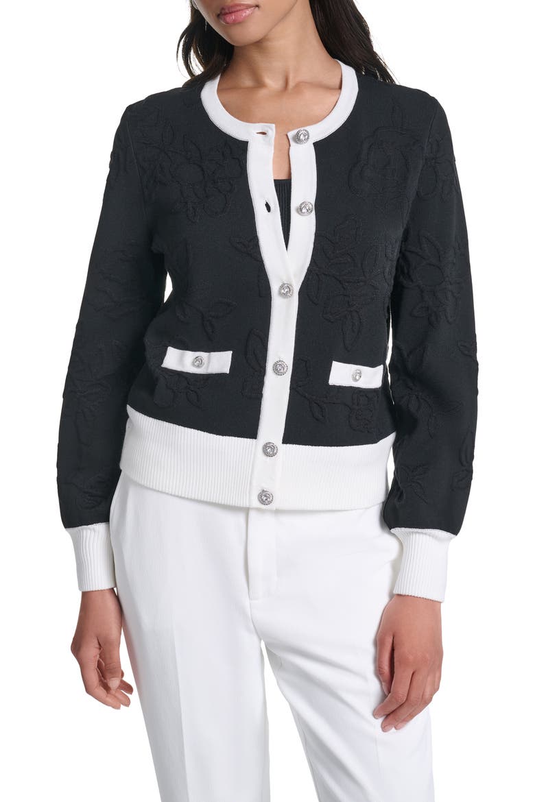 Jacquard Pattern Crewneck Cardigan, Main, color, BLACK/ SOFT WHITE