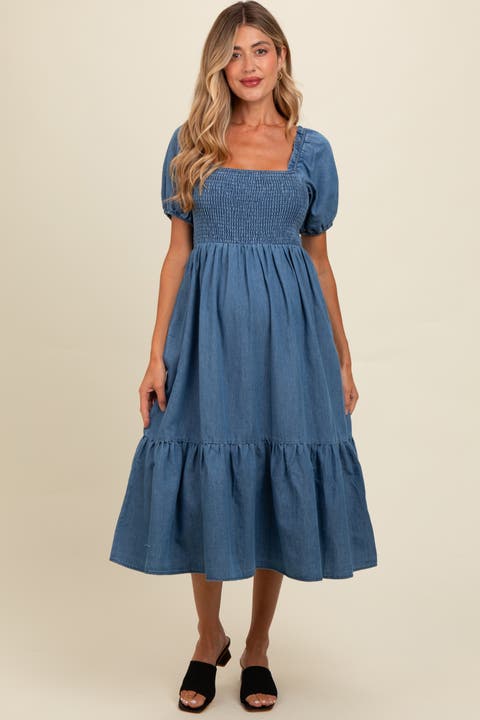 Vintage Wash Chambray Smocked Midi Dress
