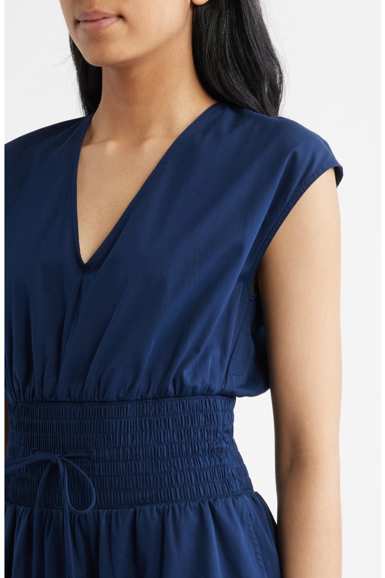 Smock Waist V-Neck Cotton Midi Dress, Alternate, color, TIMELESS NAVY