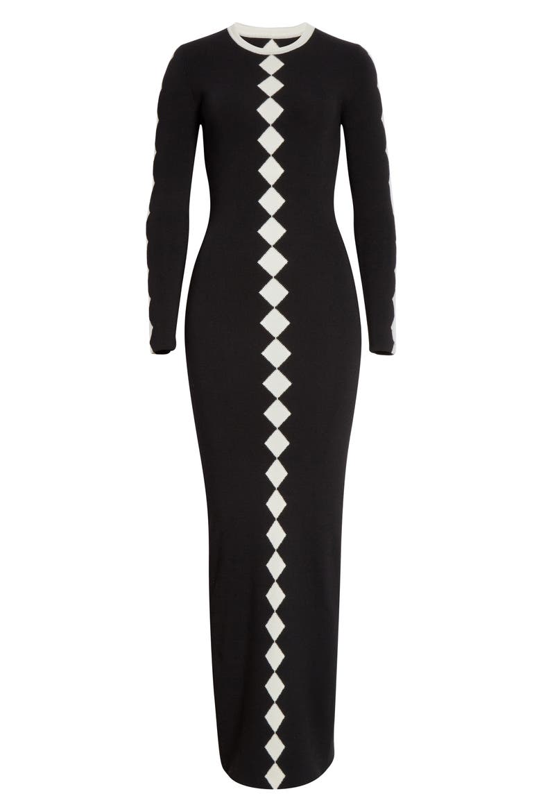 Diamond Jacquard Long Sleeve Wool Maxi Sweater Dress, Alternate, color, BLACK AND WHITE COMBO