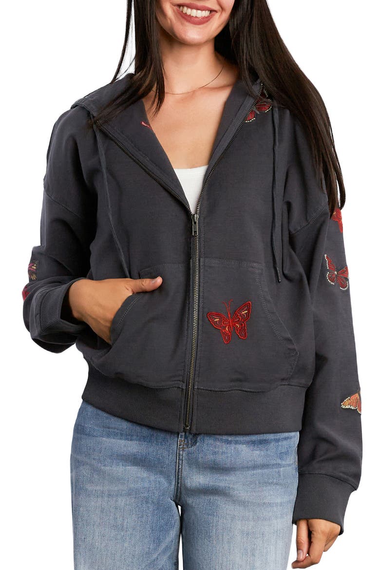 Butterfly Front Zip Hoodie, Alternate, color, GREY ROCK