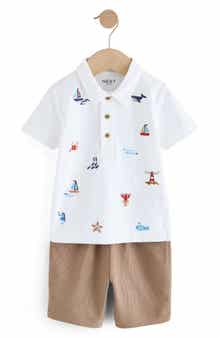 NEXT Kids' Beach Embroidered Cotton Polo & Knit Shorts Set