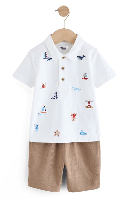 Next Kids' Beach Embroidered Cotton Polo & Knit Shorts Set In White/khaki