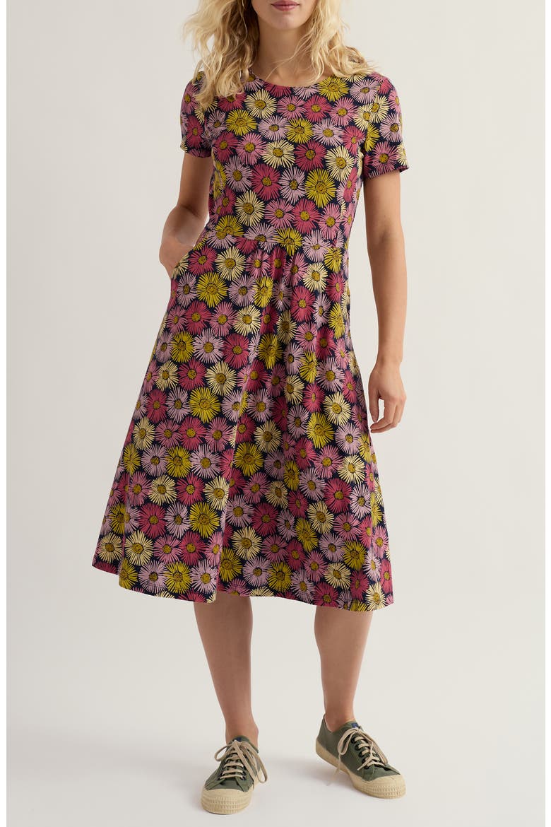 April Stretch Organic Cotton Fit & Flare Dress, Main, color, PAINTED ASTERS MARITIME