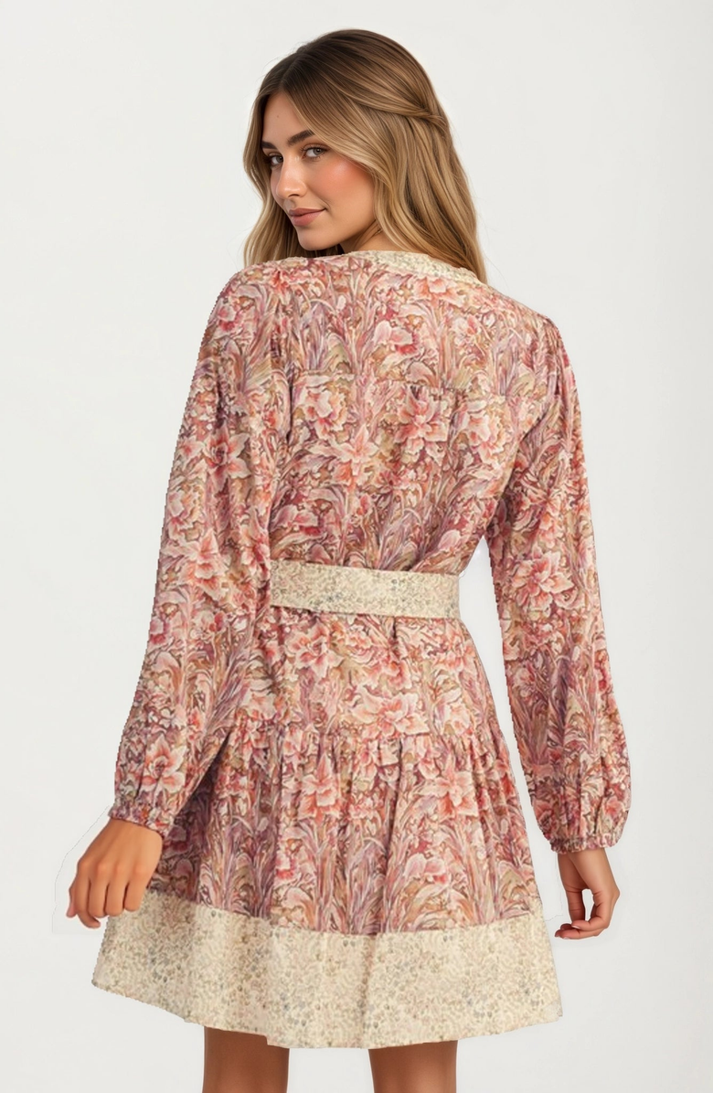 Knit and Lounge Long Sleeve Mini Dress with Contrast Tie Belt and Boho Print, Alternate, color, 