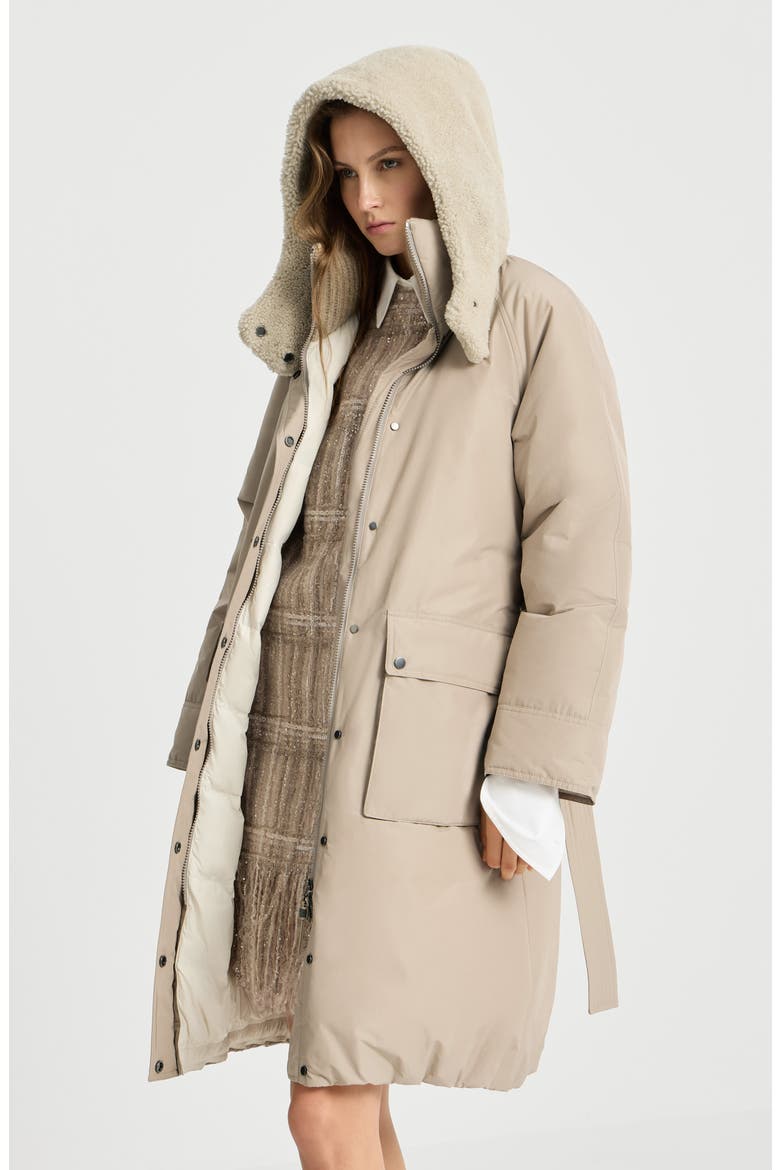 Techno cotton taffeta belted down coat with detachable shearling hood and shiny zipper pull, Alternate, color, Beige