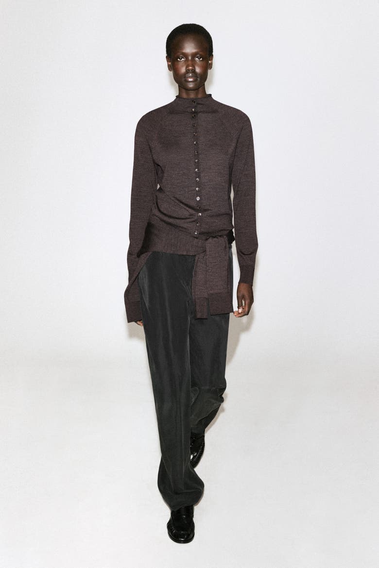 Merino Wool Mock-Neck Cardigan, Alternate, color, BROWN MÉLANGE
