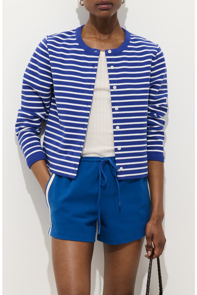 Coco Stripe Crewneck Cardigan, Main, color, BLUE / IVORY