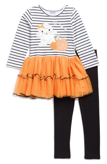 Blueberry Kids' Ghost & Pumpkin Long Sleeve Tutu Top & Leggings Set In Multi