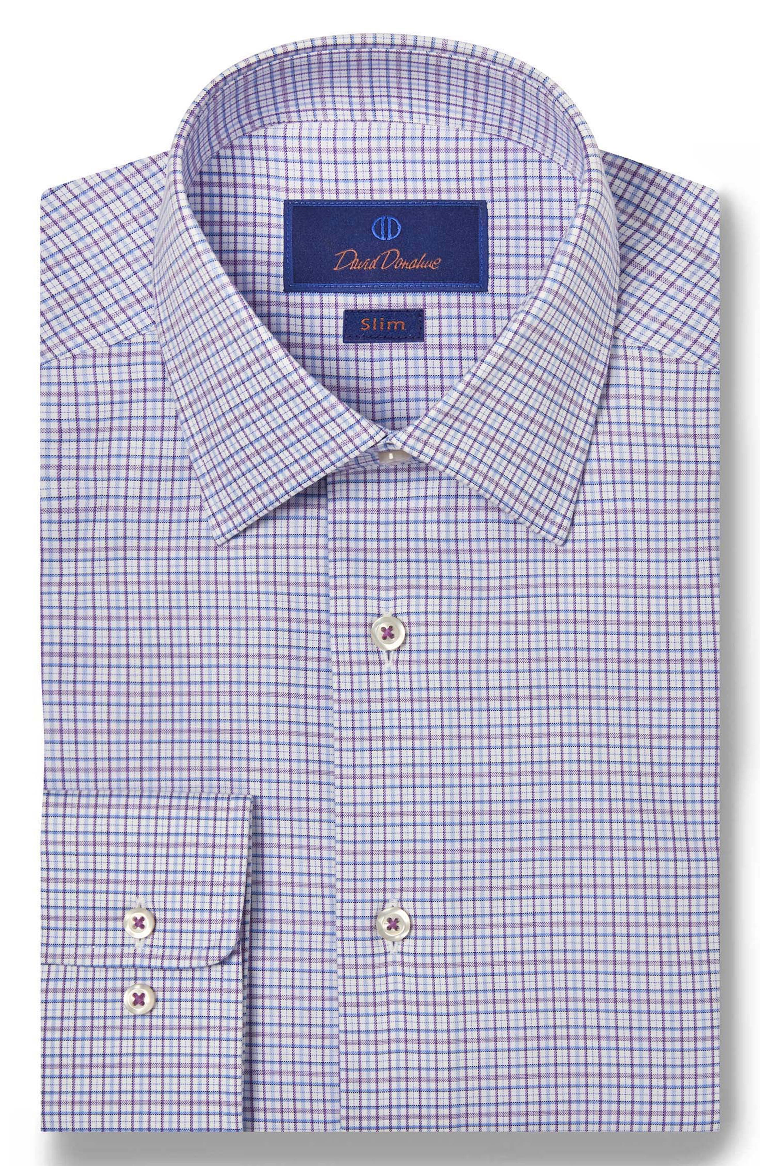David Donahue Slim Fit Check Cotton Twill Dress Shirt in Lilac/Blue 