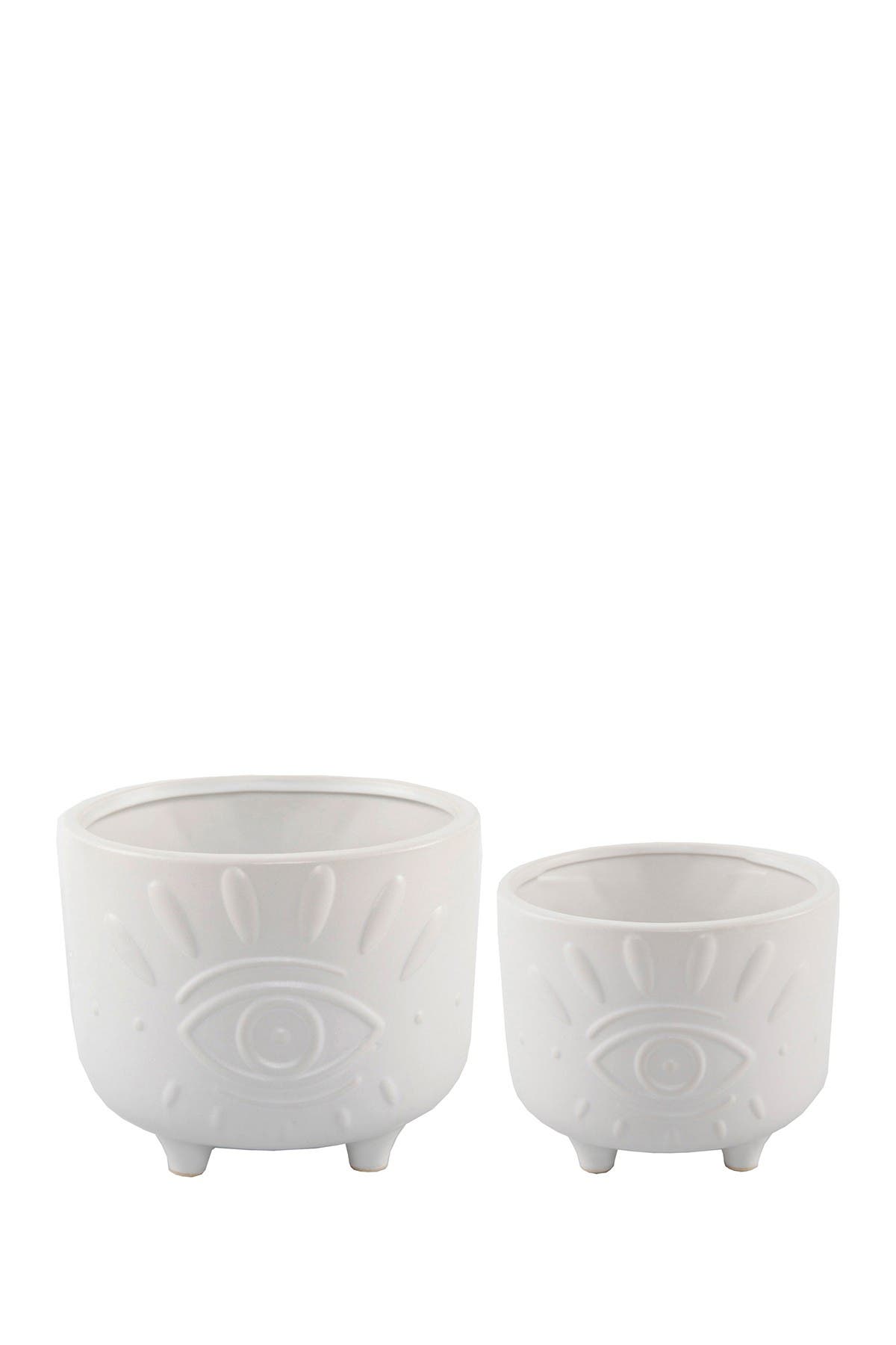 FLORA BUNDA Matte White 6" & 4.75" Evil Eye Ceramic Footed Planter- Set of 2