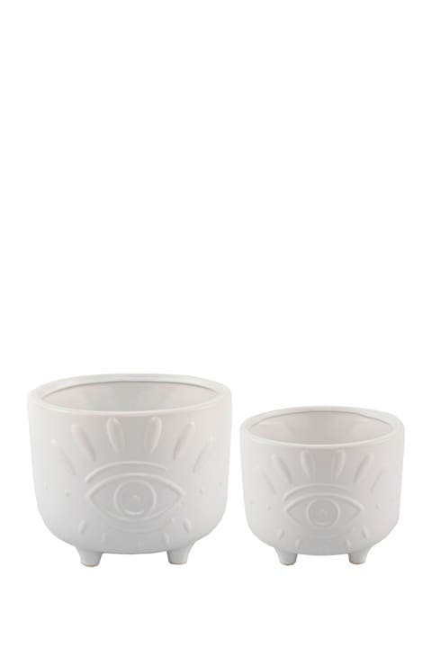 Matte White 6" & 4.75" Evil Eye Ceramic Footed Planter- Set of 2