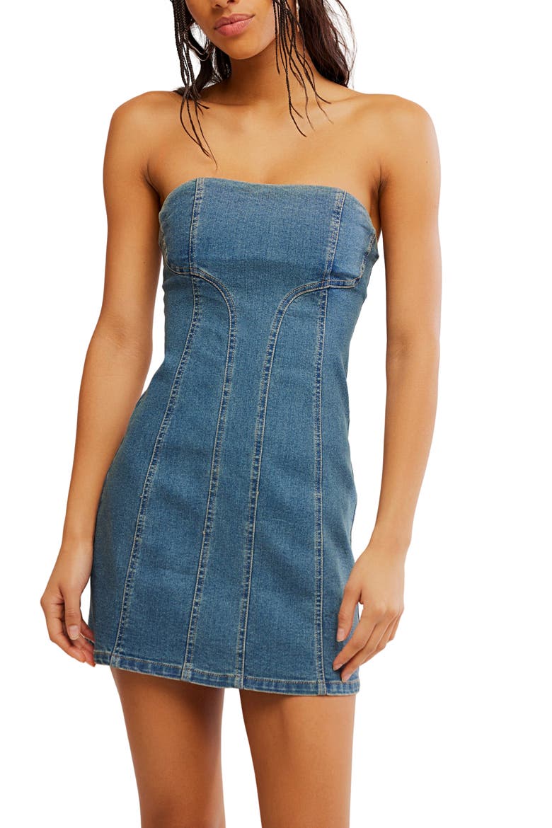 Alexa Strapless Denim Minidress, Alternate, color, STONE WASH BLUE