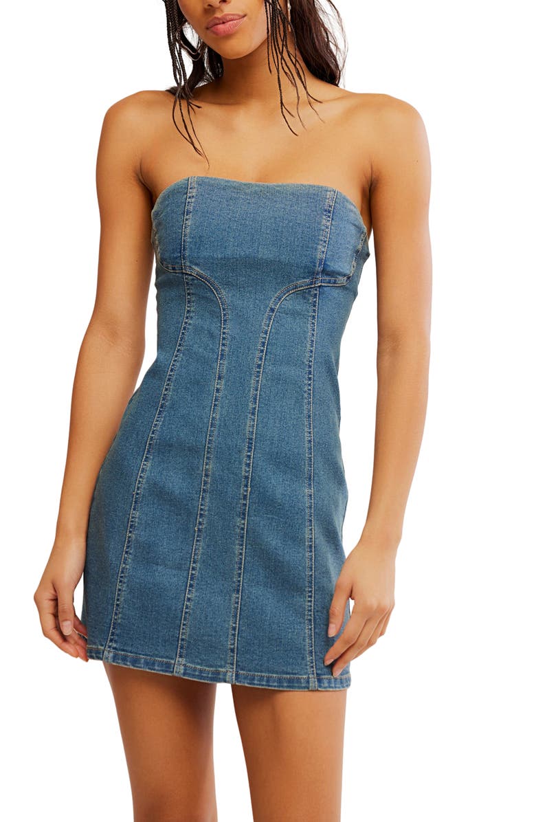 Free People Alexa Strapless Denim Minidress, Alternate, color, Stone Wash Blue