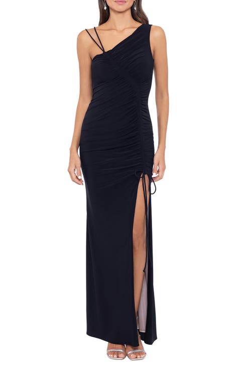 Ruched Asymmetric Neck Gown