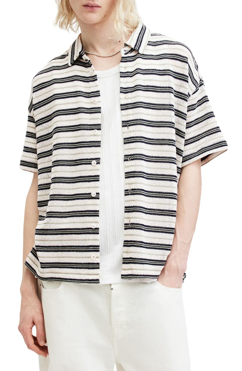 AllSaints Jackson Oversize Stripe Short Sleeve Knit Button-Up Shirt, Main, color,