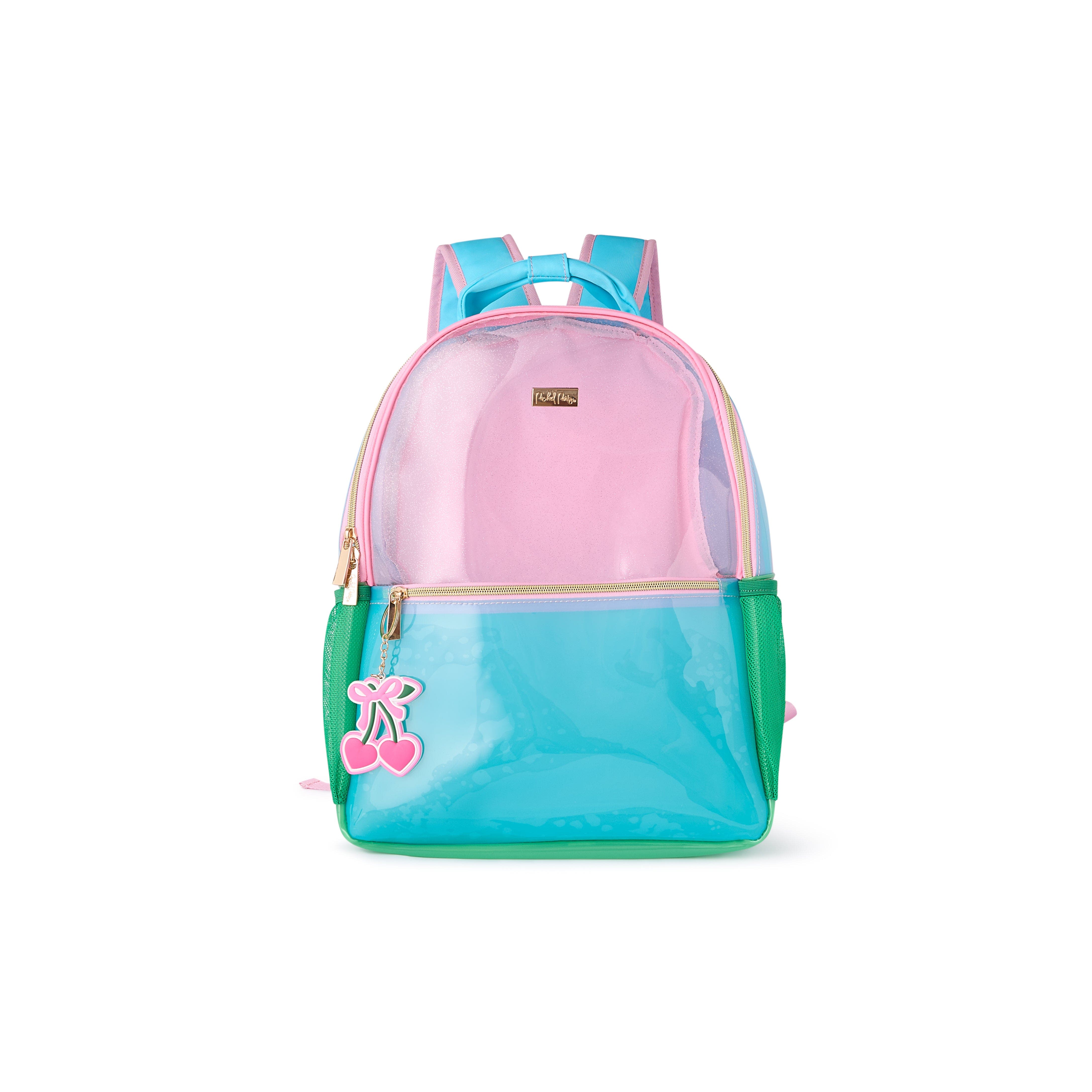 Colorblock Clear Backpack by Packed Party | Pink Glitter Panel, Blue Bow, Cherry Bag Charm | 17" Cute Backpack for Girls, Main, color, Multicolor