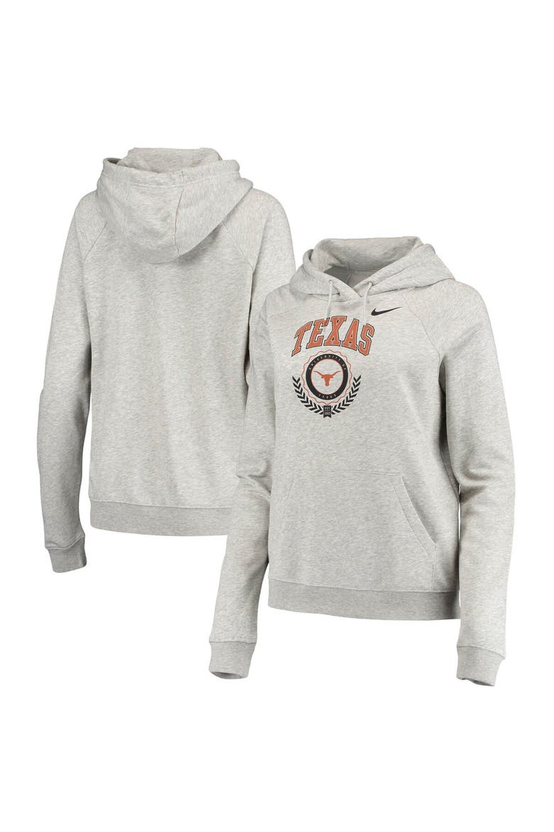 Women's Nike Heathered Gray Texas Longhorns Varsity Fleece Tri-Blend Raglan Pullover Hoodie, Main, color, Heather Gray