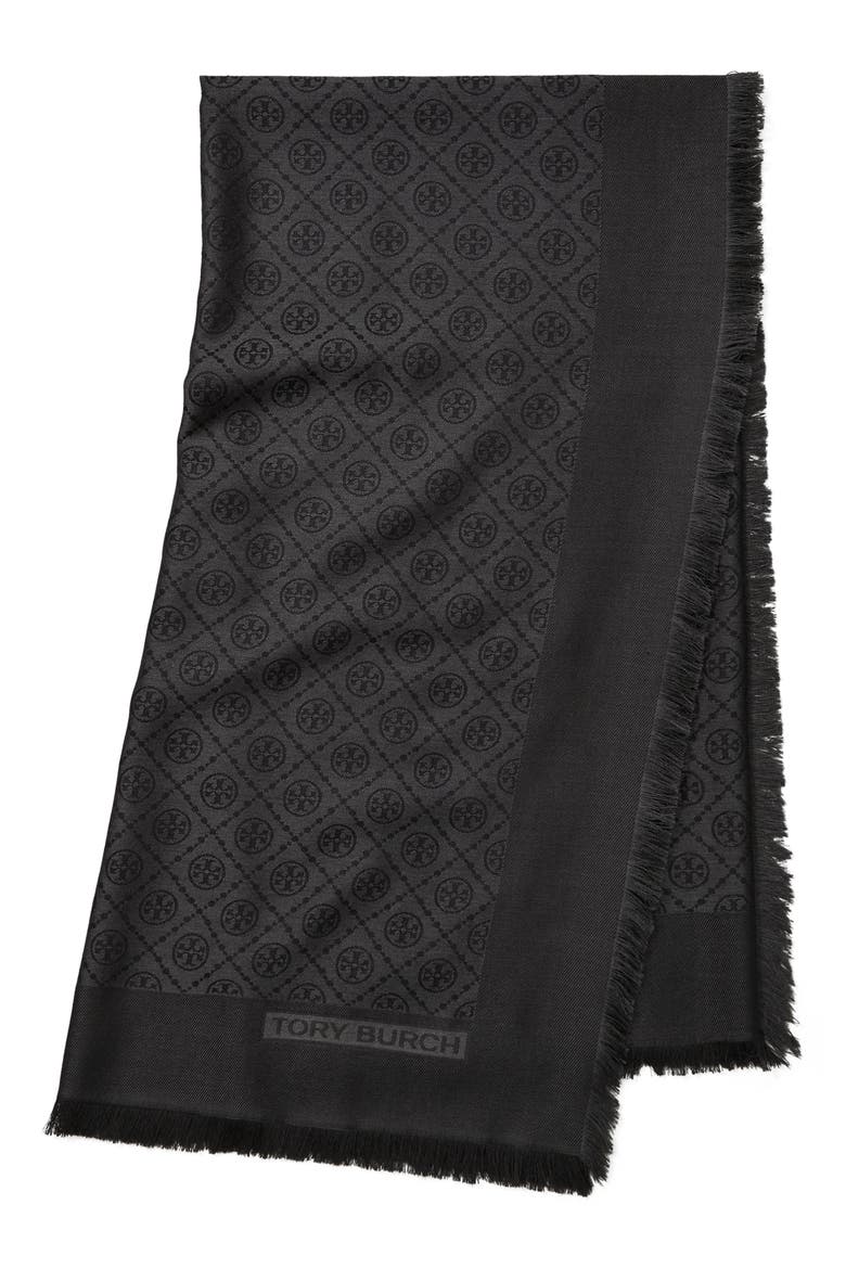 T-Monogram Jacquard Wool & Silk Square Scarf, Main, color, BLACK