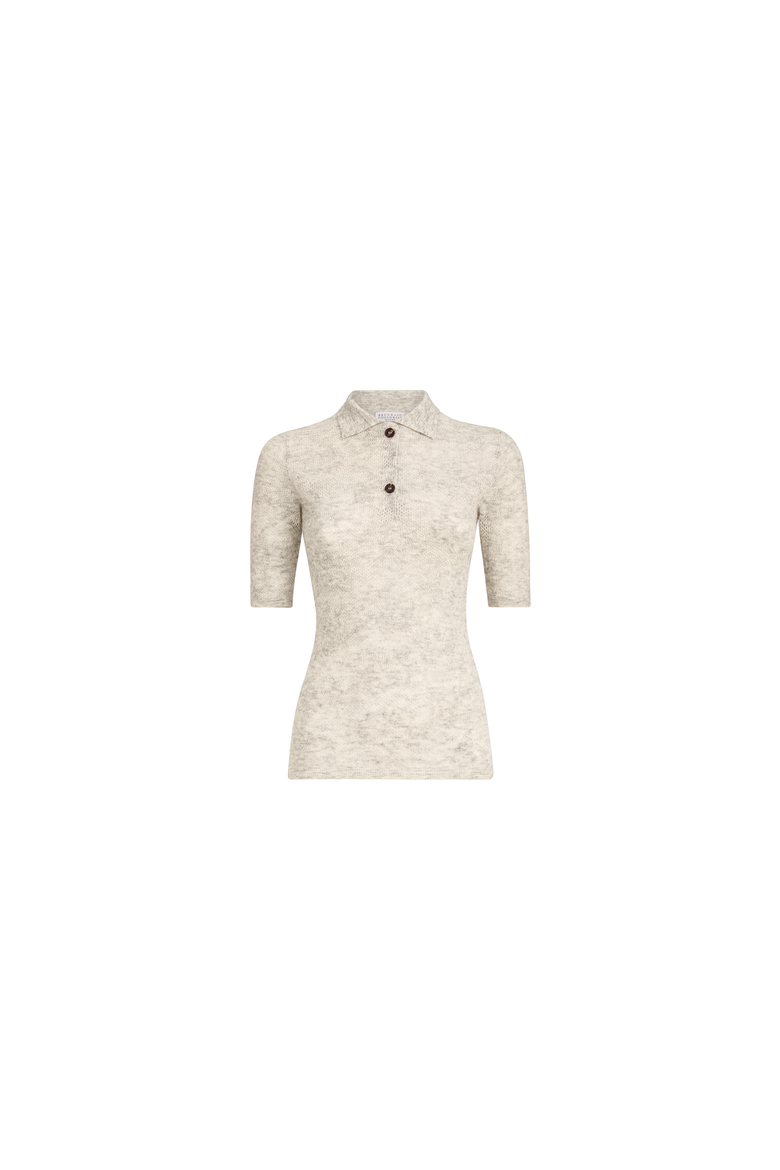 Silk, alpaca and wool flower lace knit polo, Alternate, color, Fog