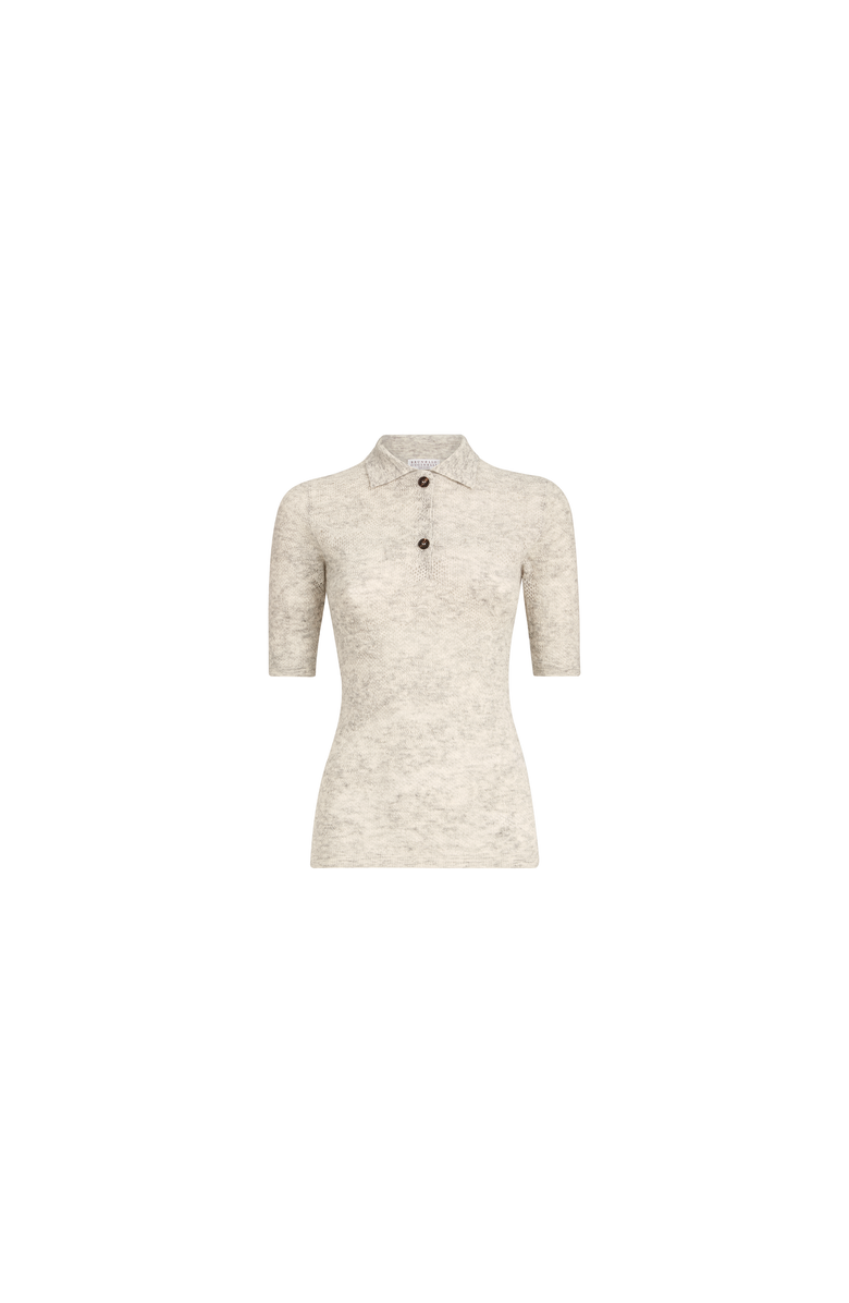 Brunello Cucinelli Silk, alpaca and wool flower lace knit polo, Alternate, color, Fog