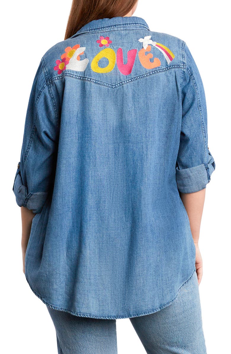 Billy T Peace & Love Embroidered Denim Button-Up Shirt, Alternate, color, Light Wash Blue