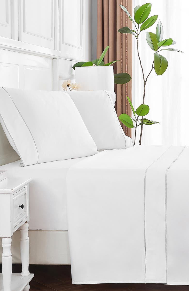 MELANGE HOME Framed 600 Thread Count Sateen Sheet Set, Alternate, color, White/ White