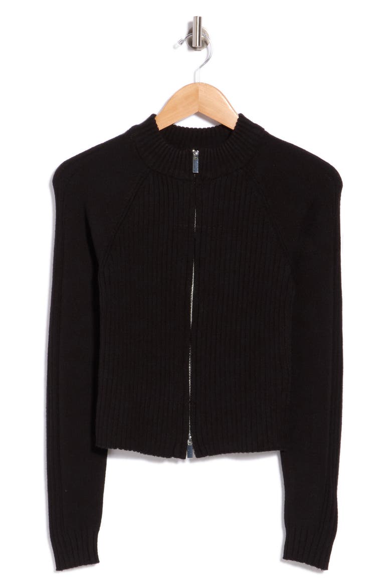 Mixed Stitch Mock Neck Zip Cardigan, Main, color, BLACK