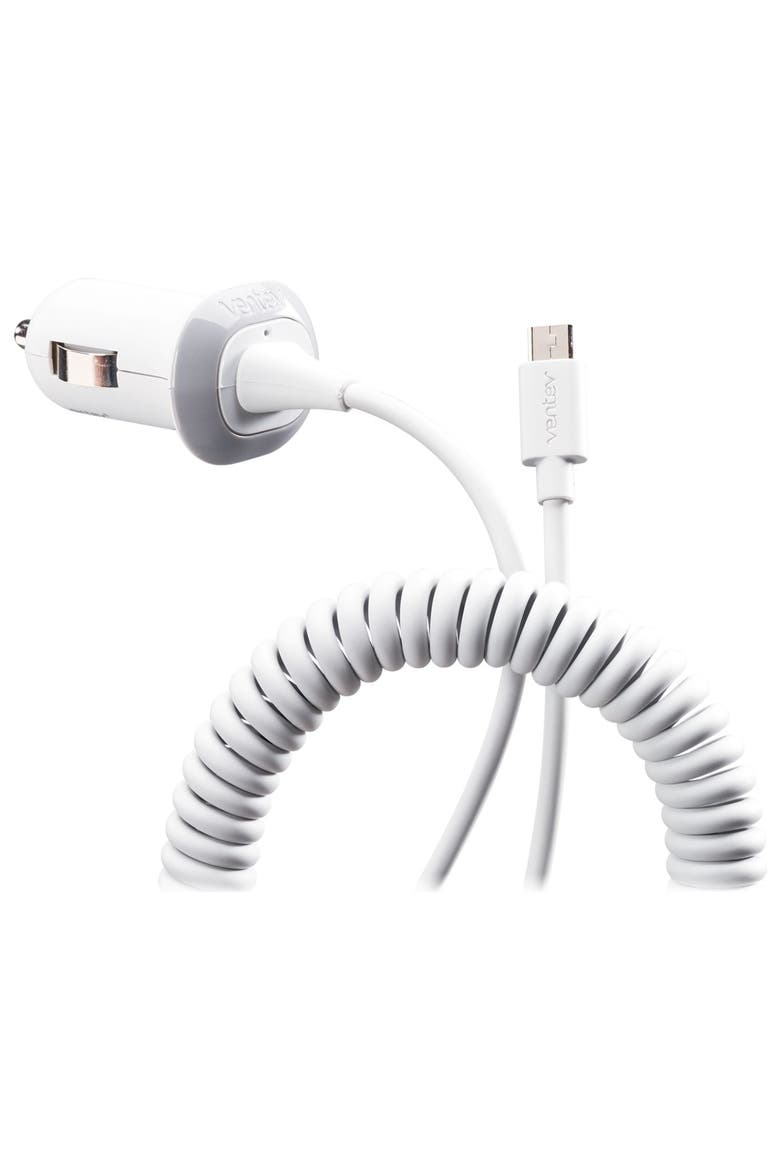 Essentials by Ventev 10W dash 121c Car Charger with Connected Micro USB Cable, Main, color, White