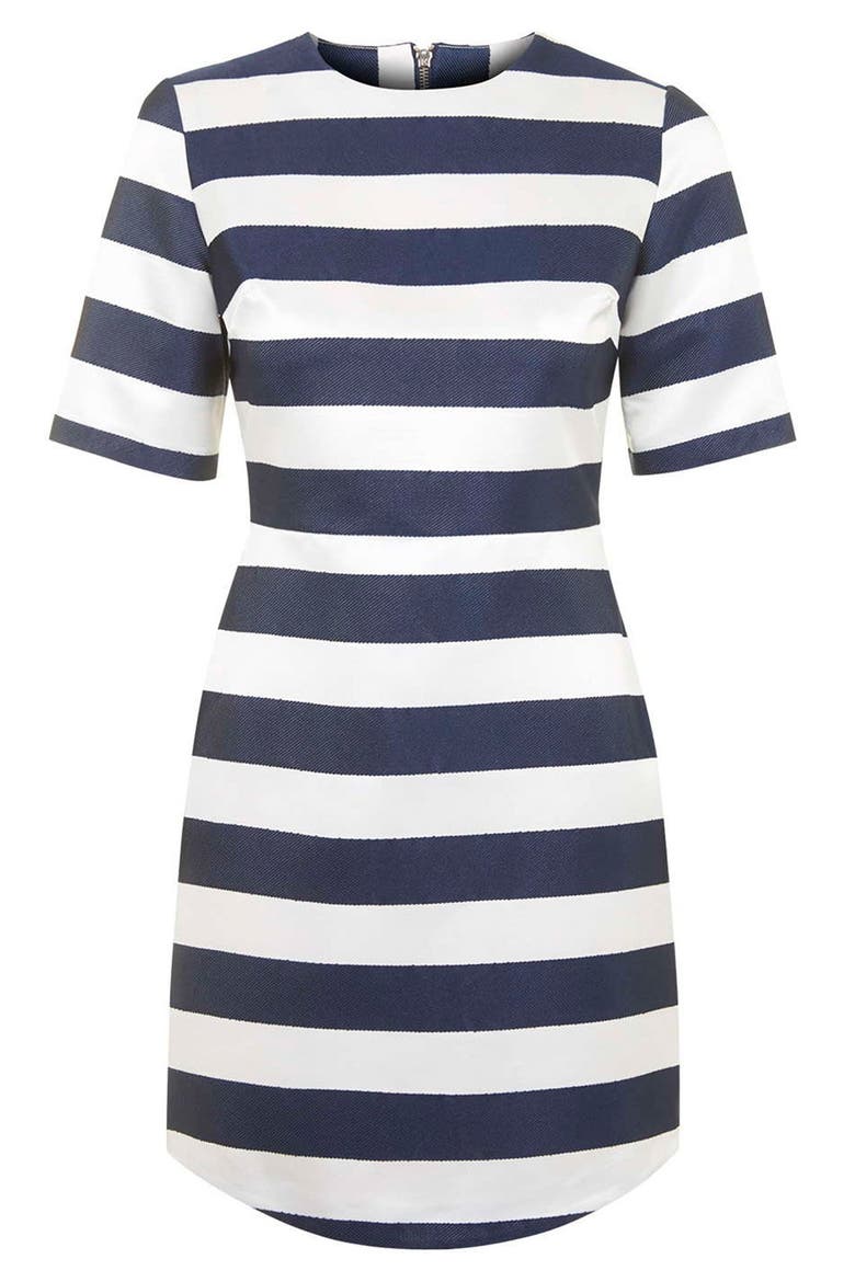 Twill & Satin Stripe Dress, Alternate, color, NAVY BLUE MULTI