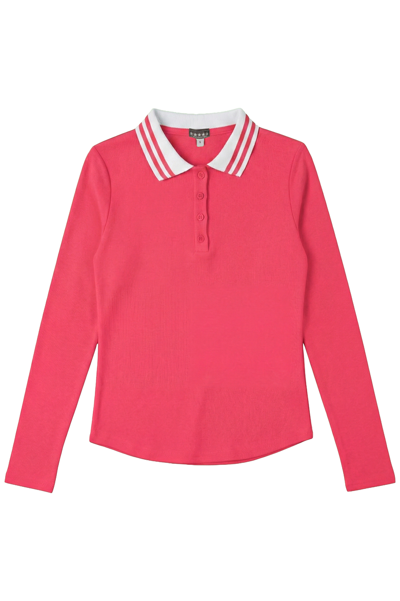 Girls' Long Sleeve Striped Polo Top, Main, color, Amaranth