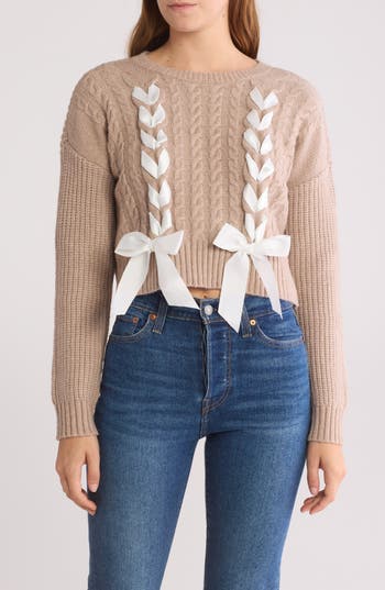Nyc Knits By The Sweater Dept Bow Cable Stitch Sweater In Taupe Combo