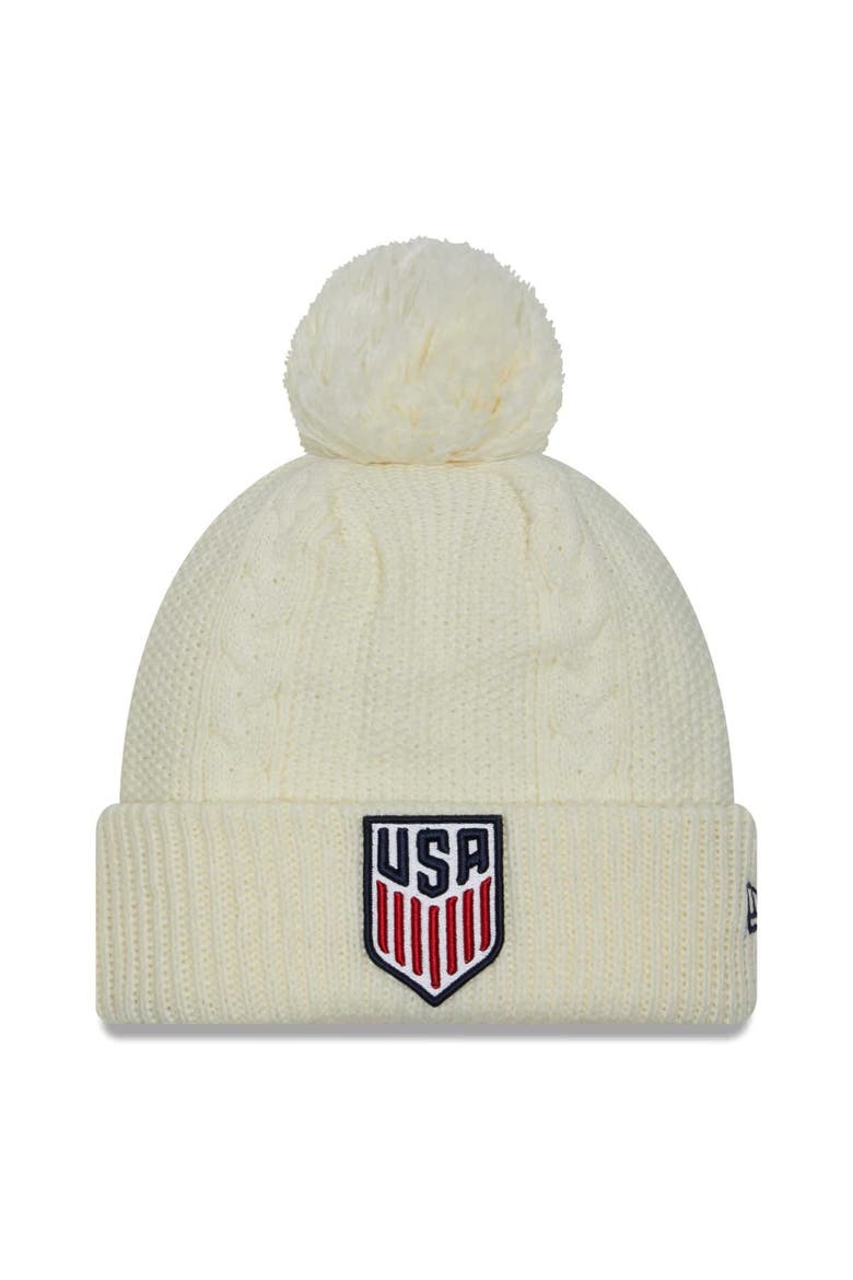 Women's New Era White USMNT Cabled Cuffed Knit Hat with Pom, Main, color, White