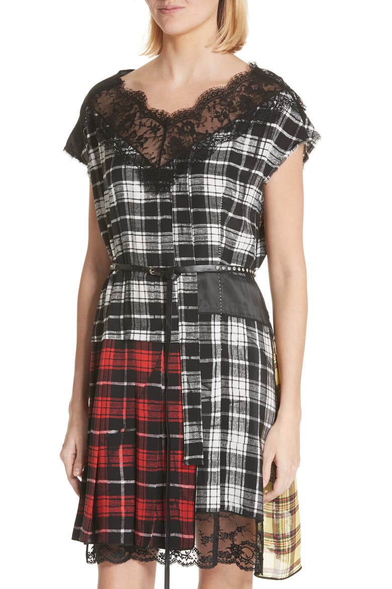 Lace Trim Plaid Silk Dress, Alternate, color, WHITE MULTI