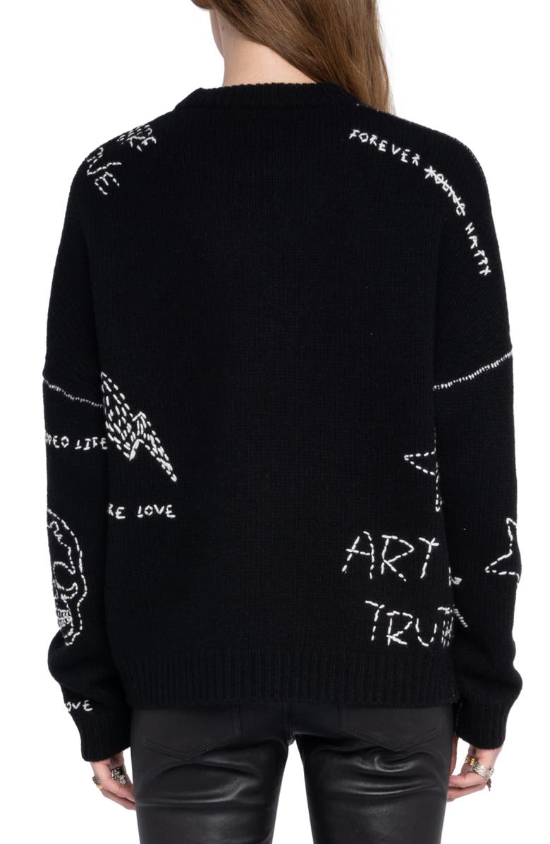 Zadig & Voltaire Baba Embroidered Detail Merino Wool Sweater, Alternate, color, Black