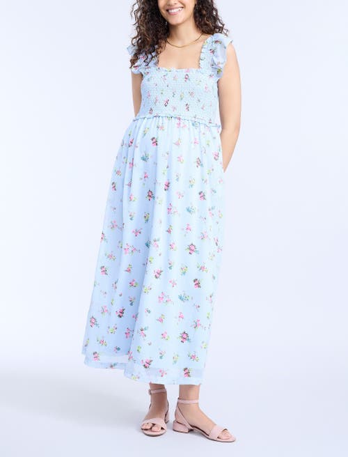 Motherhood Maternity Sleeveless Ruffle Shoulder Smocked Maxi Dress In Skyway Ditsy Floral