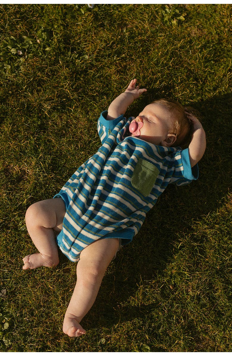 Winnie + Crew Callie Romper, Alternate, color, Thin Blue Green Stripe