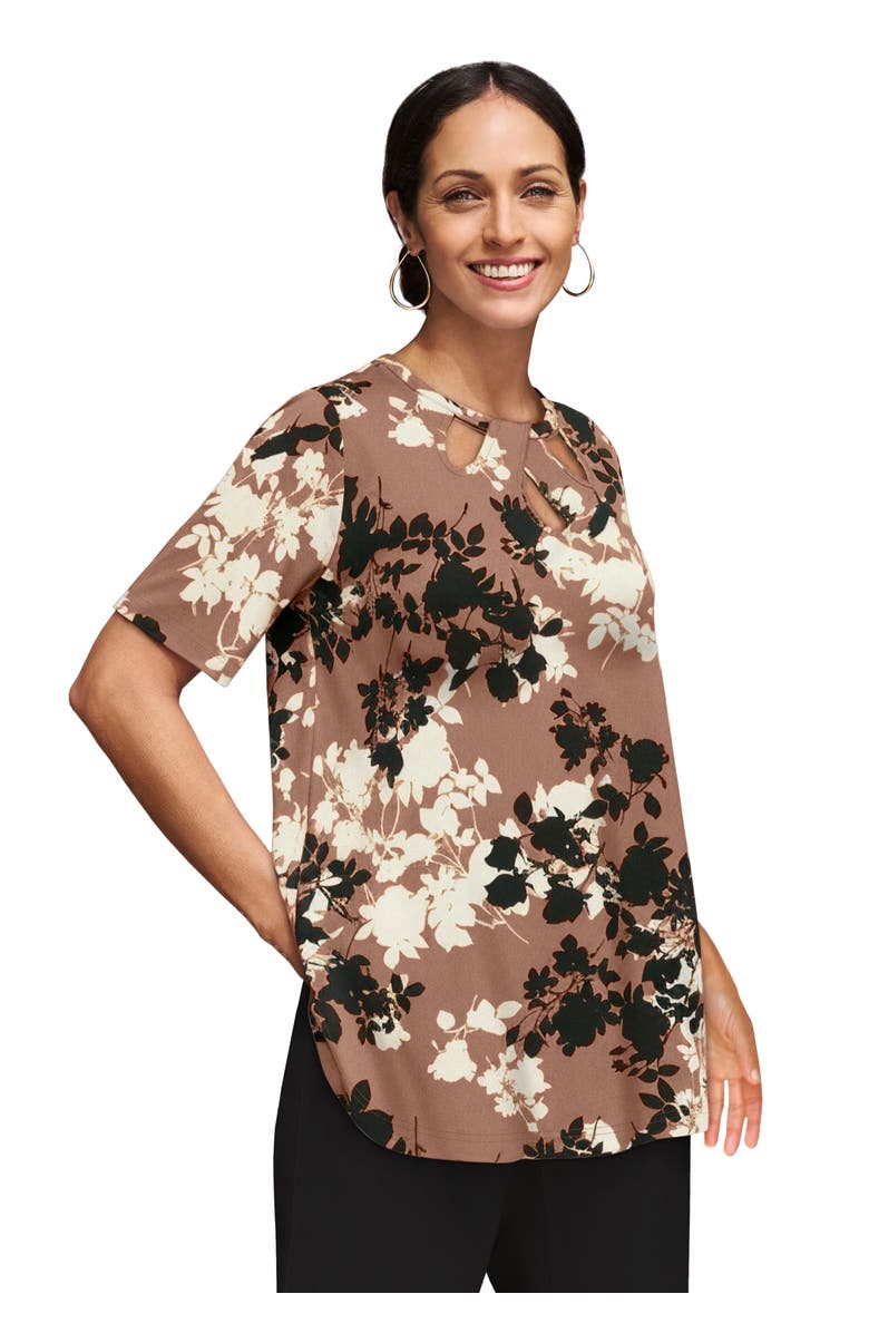 Jessica London Stretch Knit Cutout Swing Tunic, Main, color, Mocha Graphic Floral