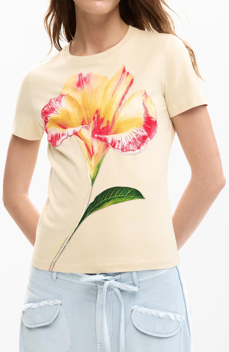 Desigual Embroidered Pansy Cotton Graphic T-Shirt, Alternate, color, 