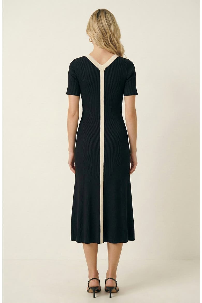 Ribbed Knit Contrast Placket Midi Dress, Alternate, color, Black