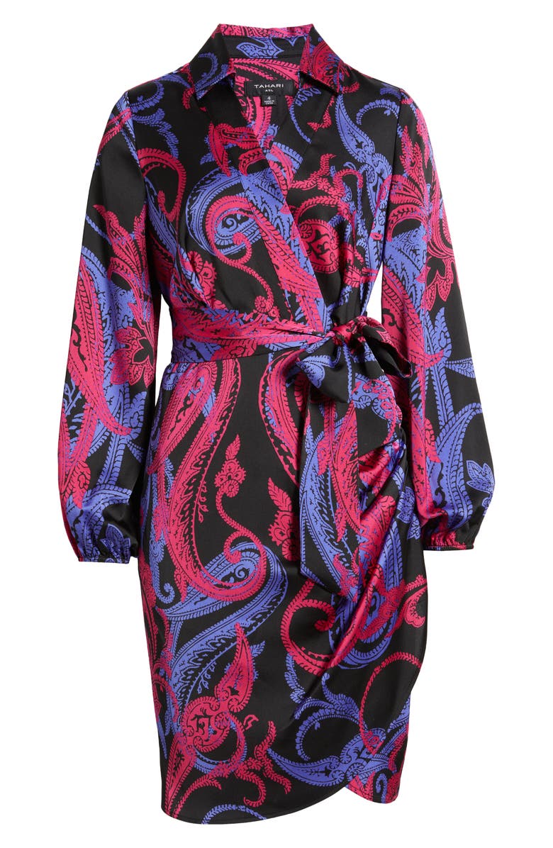 Tahari ASL Paisley Side Drape Long Sleeve Satin Dress, Alternate, color,