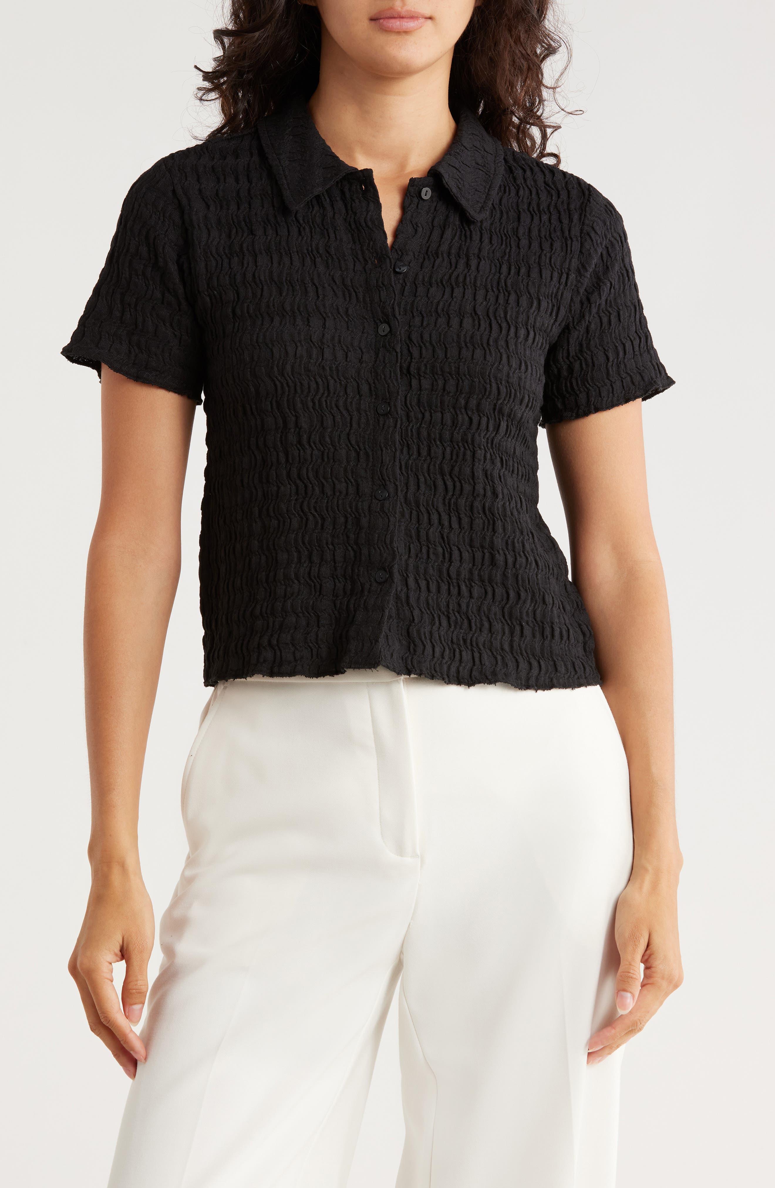 Muse Short Sleeve Textured Button-Up Crop Top