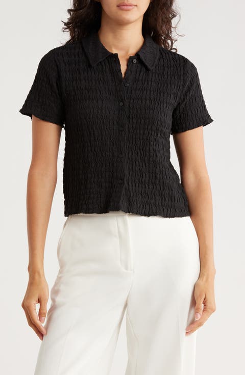 Short Sleeve Textured Button-Up Crop Top