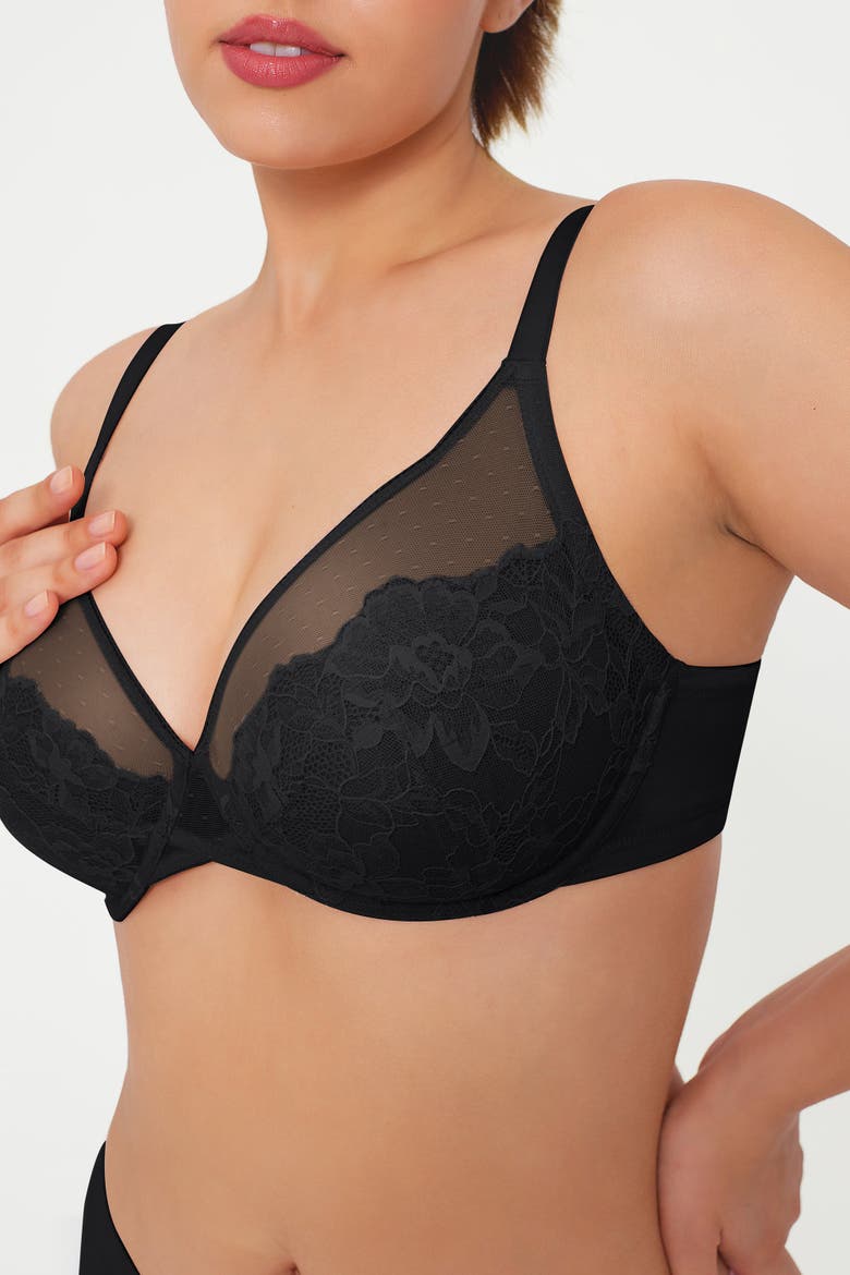 Lightweight Underwire Minimizer Lace Mesh Bra, Alternate, color, Classic black