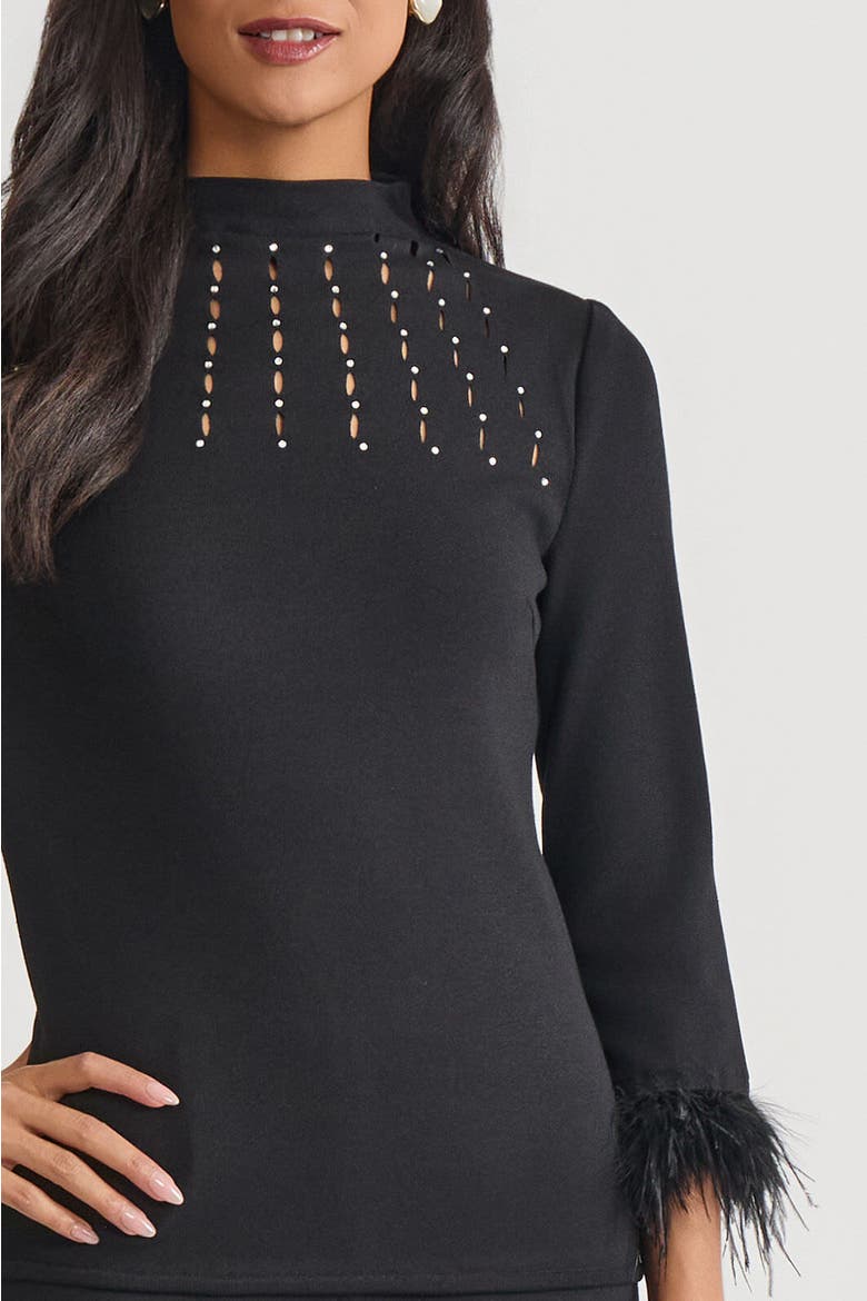 Embellished High Neck Soft Knit Top, Alternate, color, Black/White